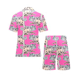 Chameleon lizard pattern pink background Men's V-Neck Short Pajama Set