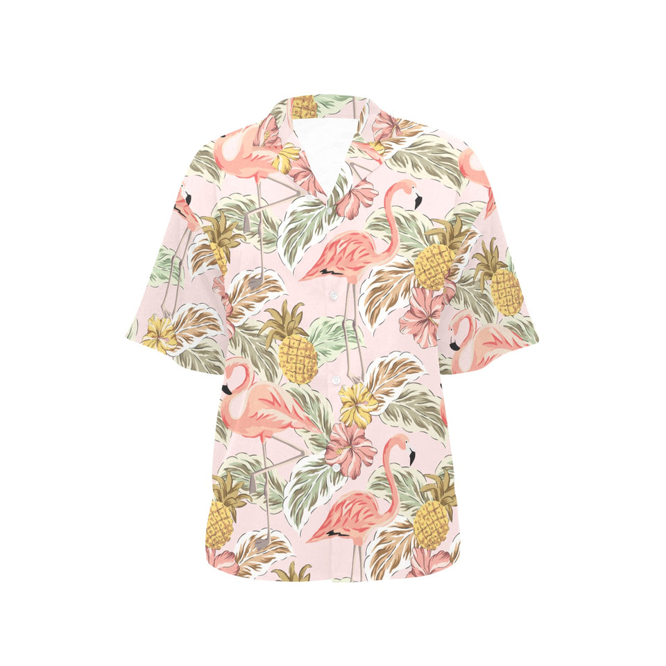 Pink flamingo birds pineapples hibiscus flower pat Women's All Over Print Hawaiian Shirt