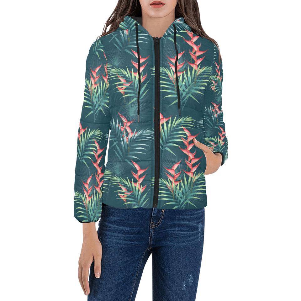 heliconia flowers, palm and monstera leaves on bla Women's Padded Hooded Jacket