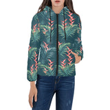 heliconia flowers, palm and monstera leaves on bla Women's Padded Hooded Jacket