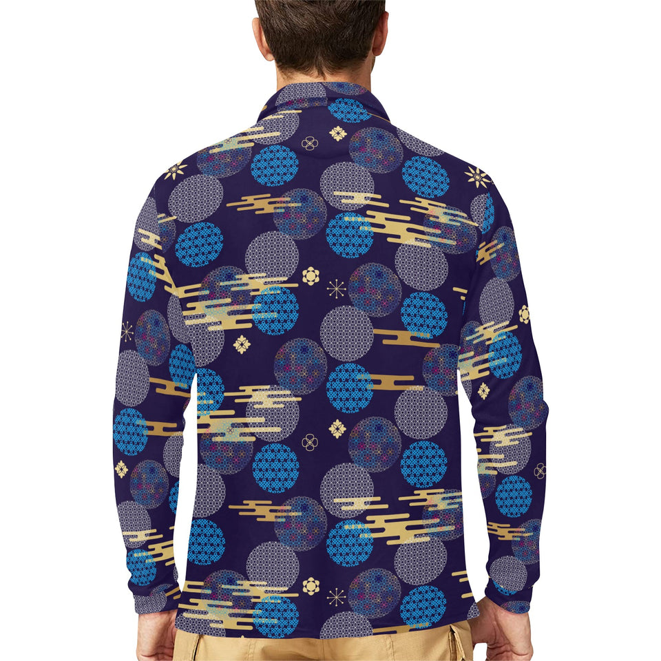 Blue japanese pattern cloud wave flower Men's Long Sleeve Polo Shirt