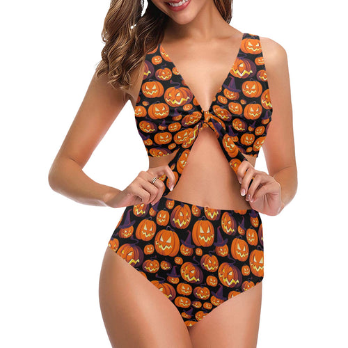 Halloween Pumpkin pattern Chest Bowknot High Waisted Bikini Swimsuit