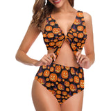 Halloween Pumpkin pattern Chest Bowknot High Waisted Bikini Swimsuit