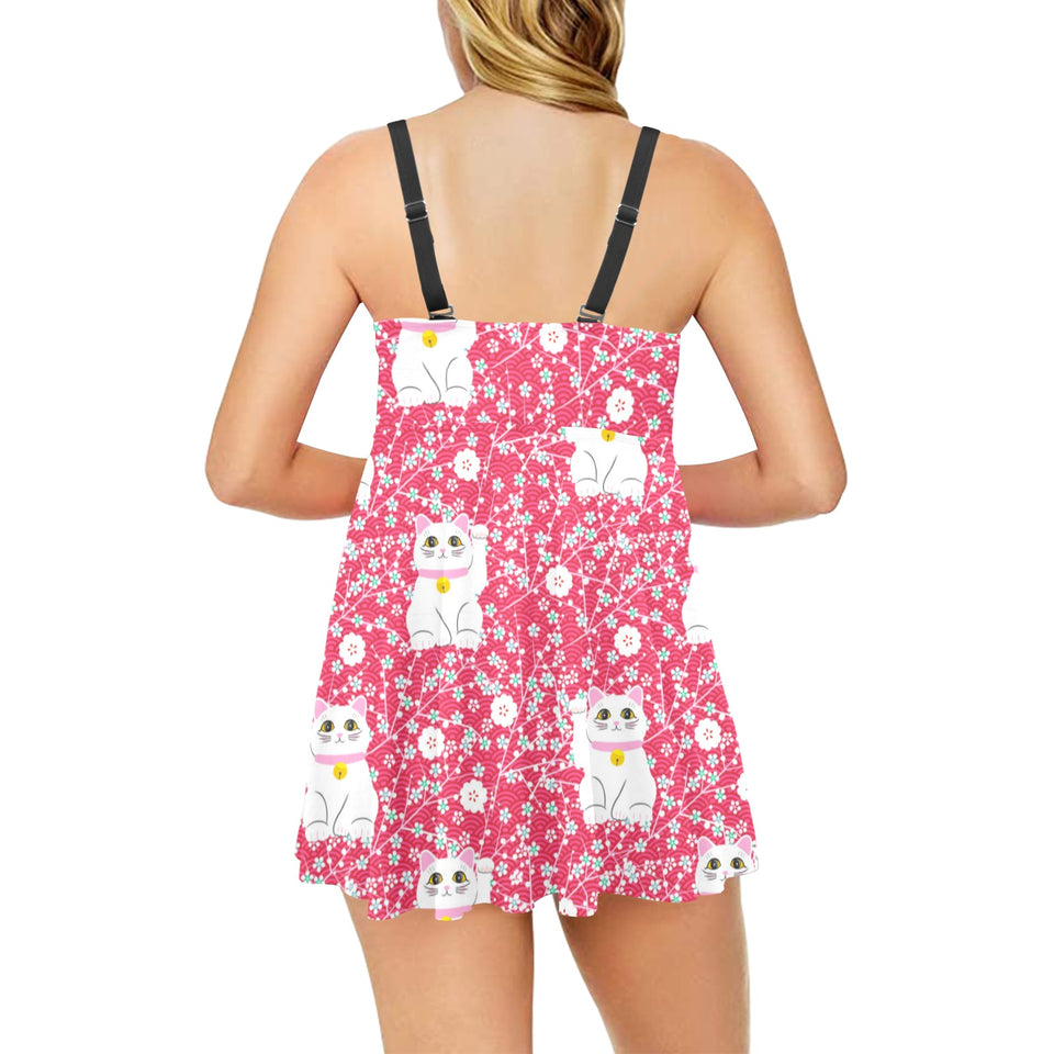 Maneki neko cat sakura pink background Chest Sexy Pleated Two Piece Swim Dress