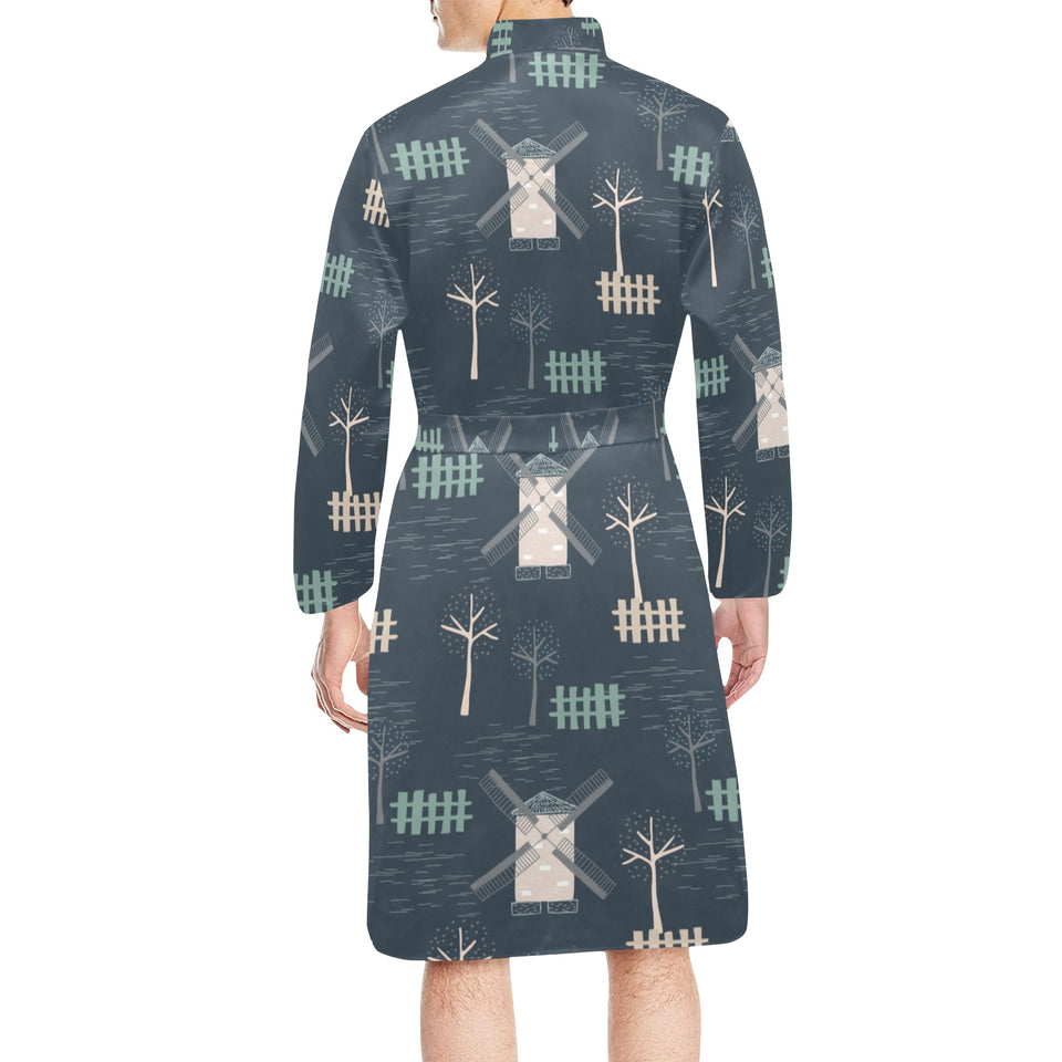 windmill tree pattern Men's Long Sleeve Belted Night Robe