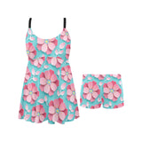 3D sakura cherry blossom pattern Chest Sexy Pleated Two Piece Swim Dress