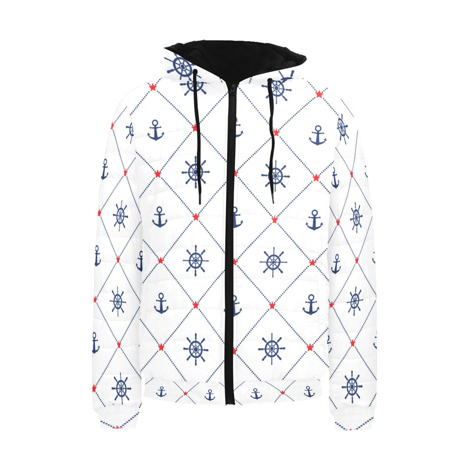 Anchor rudder nautical design pattern Men's Padded Hooded Jacket