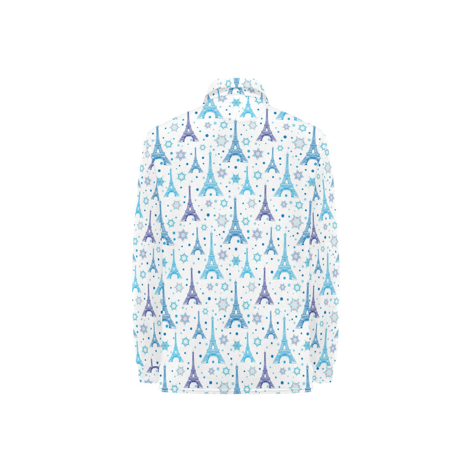 Blue Eiffel Tower Theme Pattern Print Design 01 Women's Long Sleeve Polo Shirt