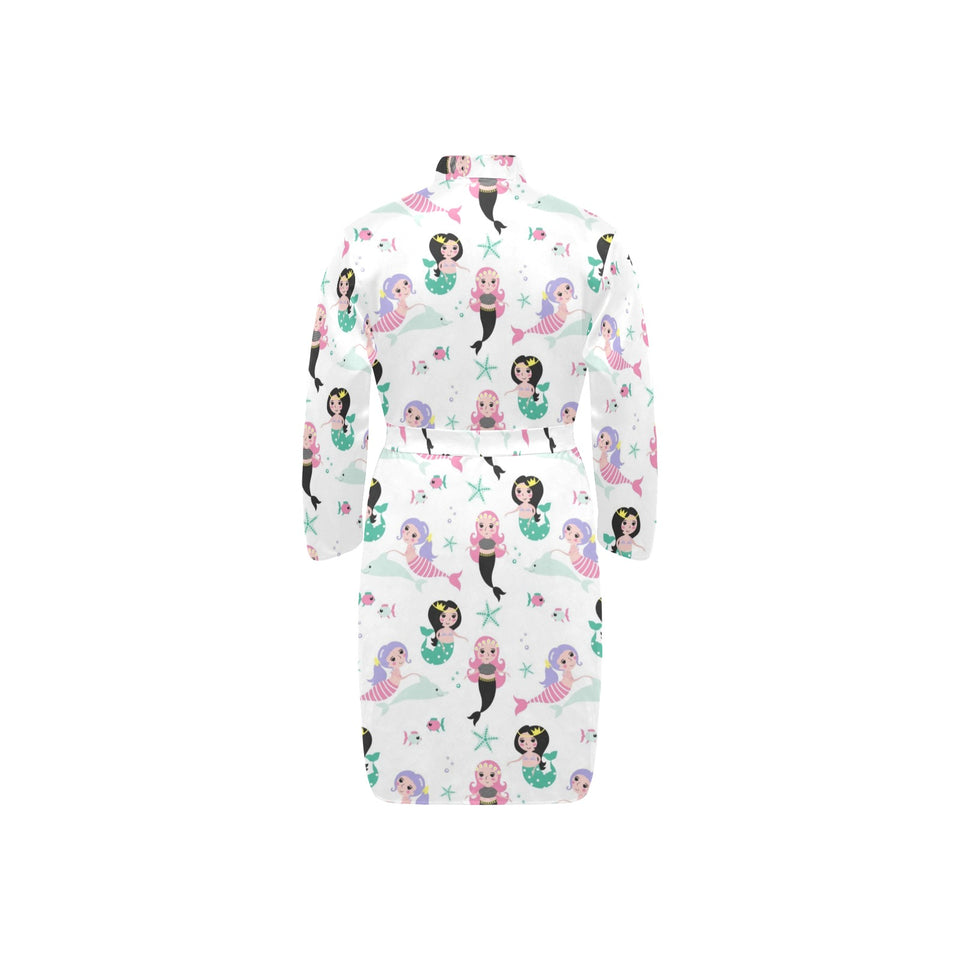 cute mermaid dolphin fish starfish pattern Men's Long Sleeve Belted Night Robe