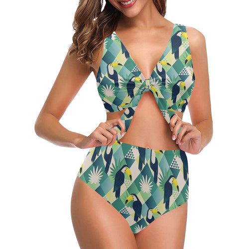 Toucan tropical leaves design pattern Chest Bowknot High Waisted Bikini Swimsuit