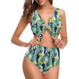 Toucan tropical leaves design pattern Chest Bowknot High Waisted Bikini Swimsuit