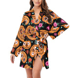 Pumpkin flowers spiderweb Halloween theme Women's Long Sleeve Belted Night Robe