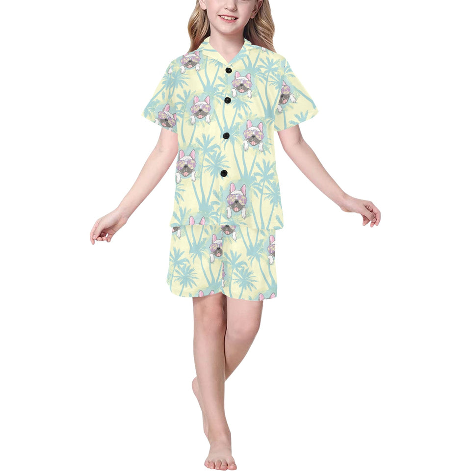 French bulldog hawaii blackground Kids' Boys' Girls' V-Neck Short Pajama Set