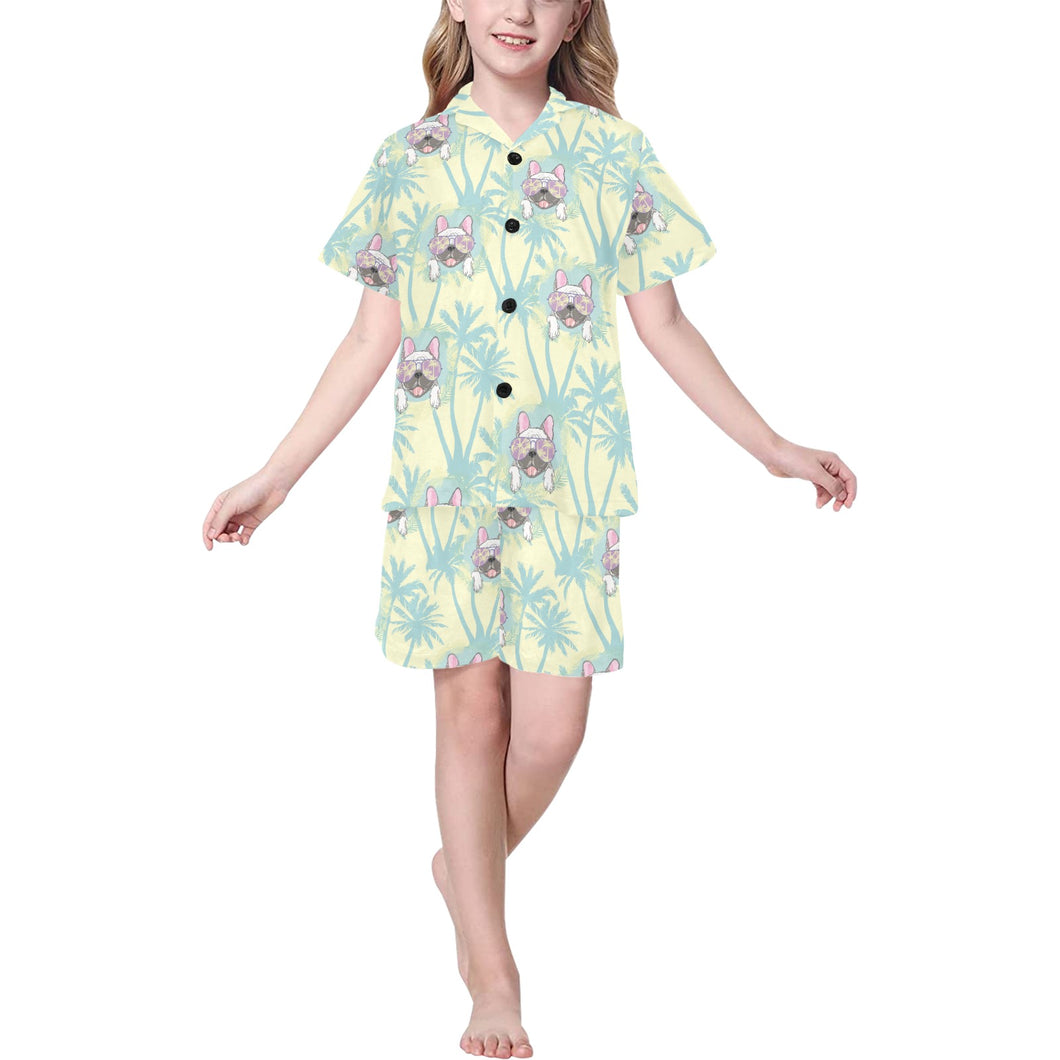 French bulldog hawaii blackground Kids' Boys' Girls' V-Neck Short Pajama Set