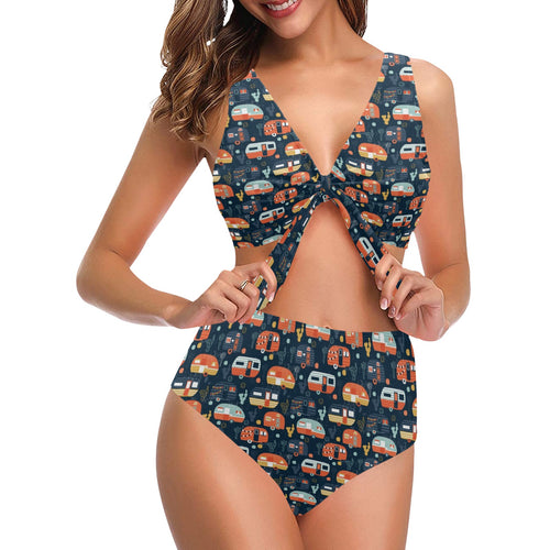 Camper Van Pattern Print Design 05 Chest Bowknot High Waisted Bikini Swimsuit