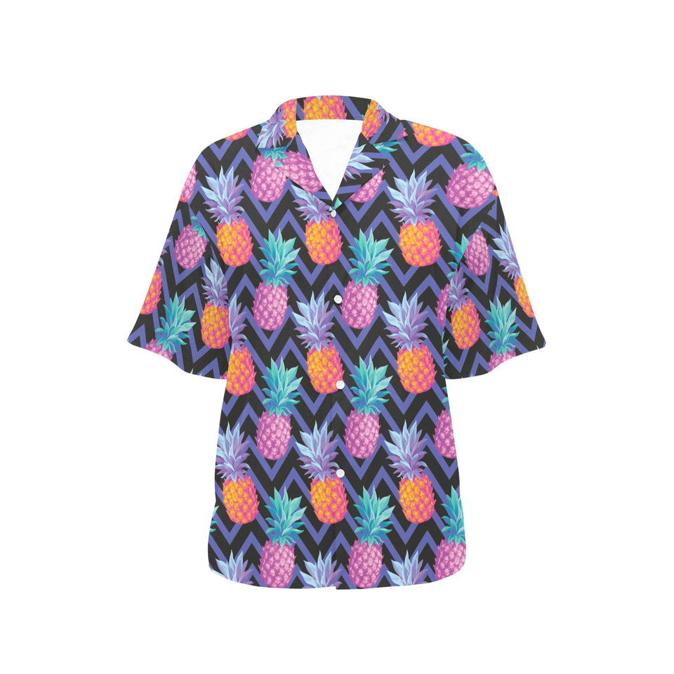 Pineapples pattern zigzag background Women's All Over Print Hawaiian Shirt