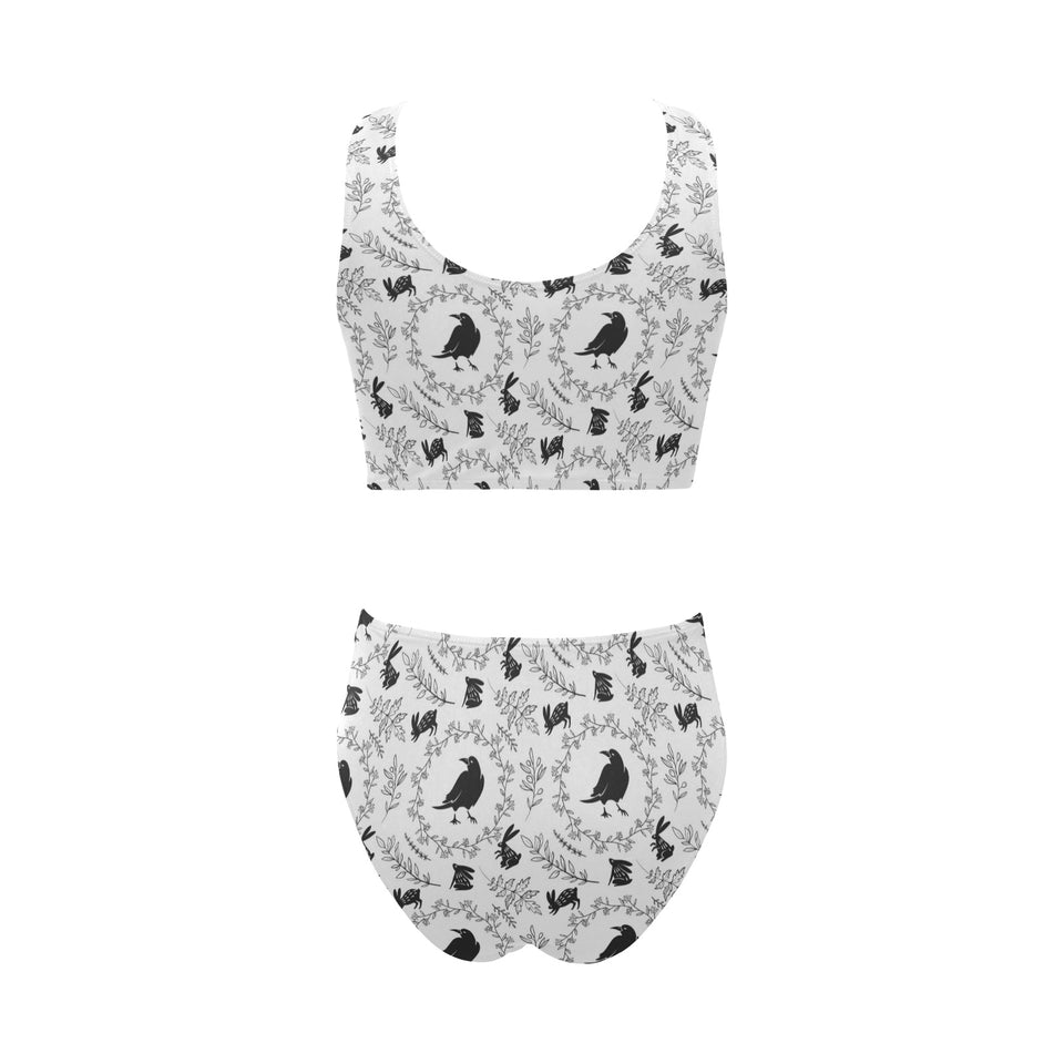 Crows floral wreath rabbit pattern Chest Bowknot High Waisted Bikini Swimsuit
