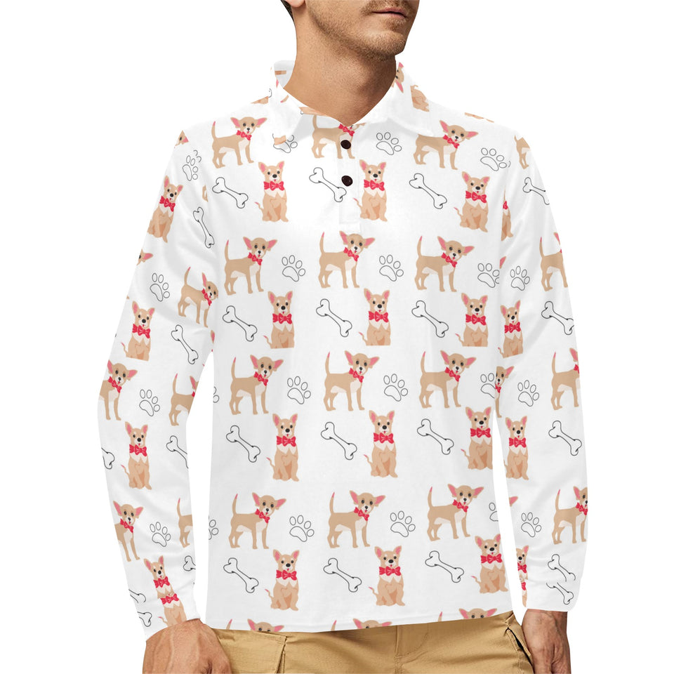 Chihuahua bone paw pattern Men's Long Sleeve Polo Shirt