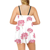 Pink lotus waterlily pattern Chest Sexy Pleated Two Piece Swim Dress