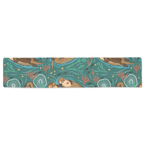 cute brown sea otters ornamental seaweed corals gr Table Runner