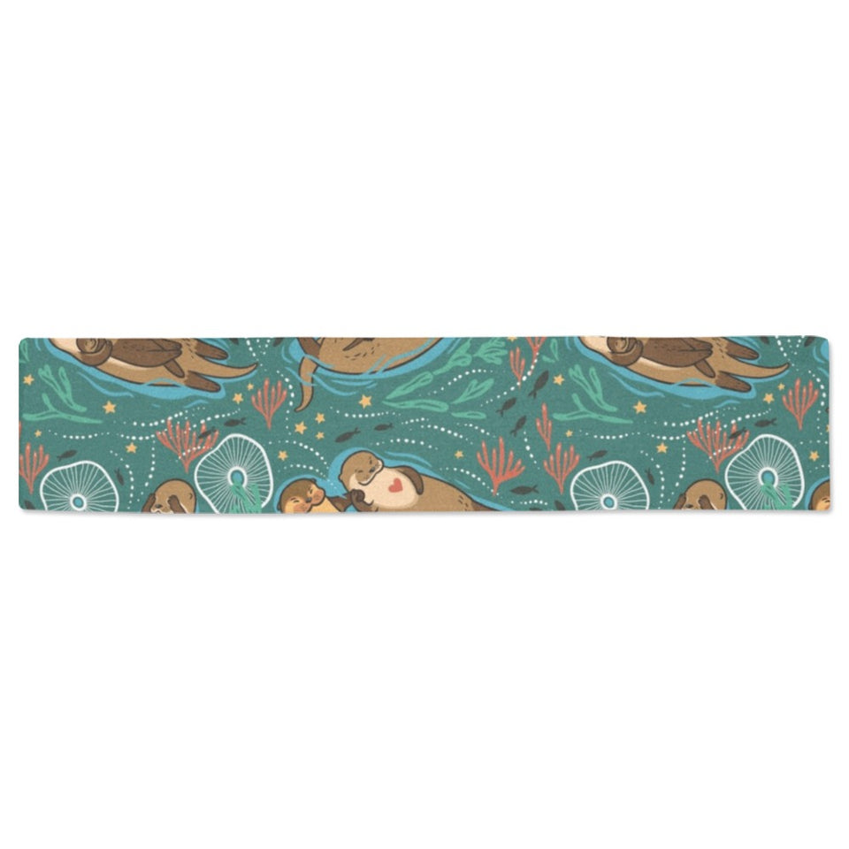 cute brown sea otters ornamental seaweed corals gr Table Runner