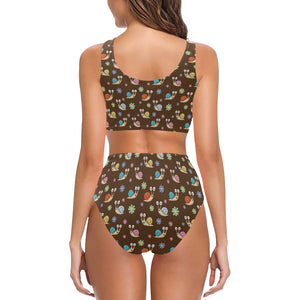 Snail Pattern Print Design 03 Chest Bowknot High Waisted Bikini Swimsuit