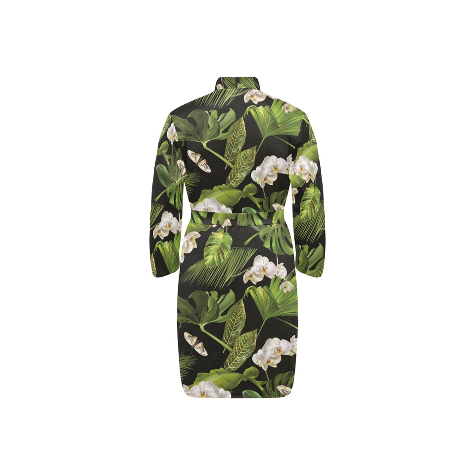 White orchid flower tropical leaves pattern blackg Men's Long Sleeve Belted Night Robe