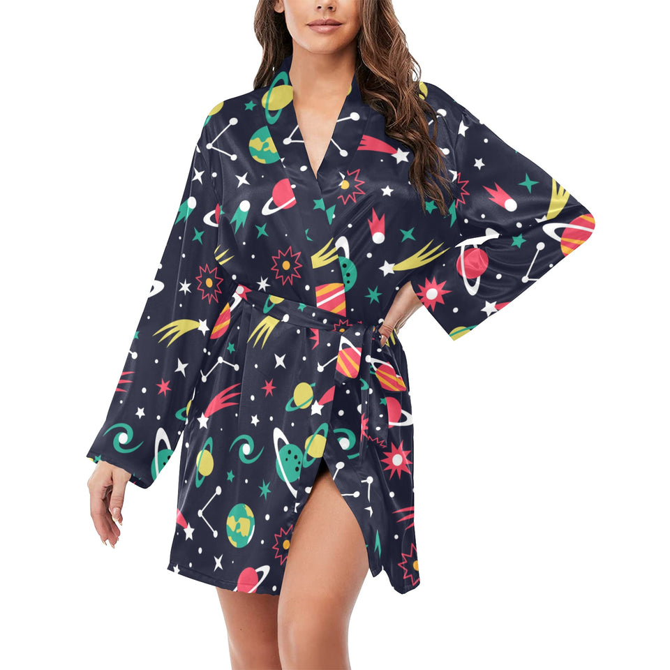 colorful space pattern planet star Women's Long Sleeve Belted Night Robe