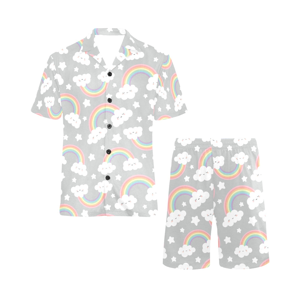 Cute rainbow clound star pattern Men's V-Neck Short Pajama Set
