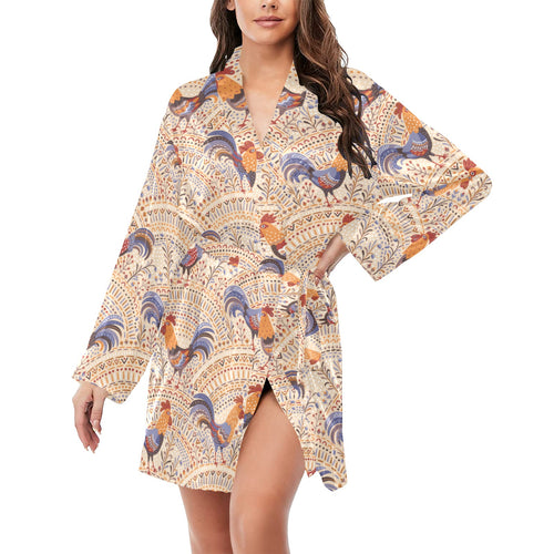 Cute rooster chicken cock floral ornament backgrou Women's Long Sleeve Belted Night Robe