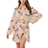 Cute rooster chicken cock floral ornament backgrou Women's Long Sleeve Belted Night Robe