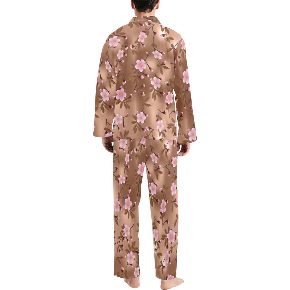 Pink sakura cherry blossom drak brown background Men's Long Pajama Set