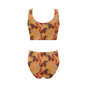 red rooster chicken cock pattern Chest Bowknot High Waisted Bikini Swimsuit