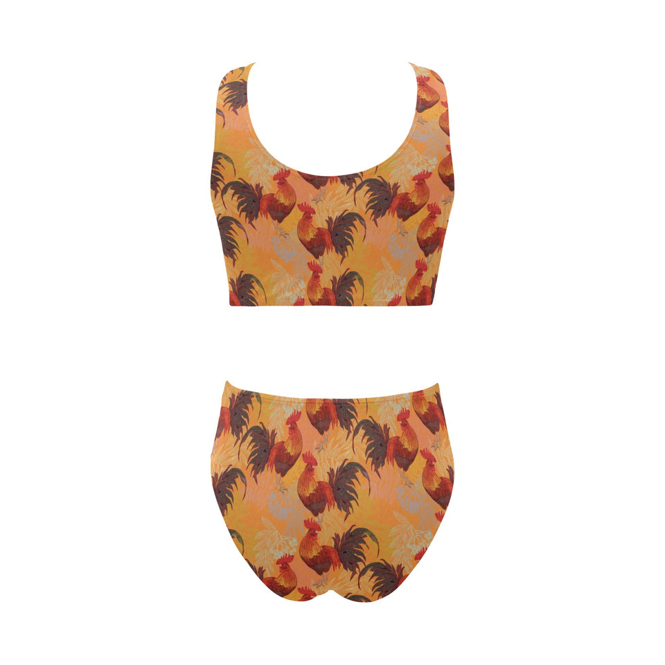 red rooster chicken cock pattern Chest Bowknot High Waisted Bikini Swimsuit