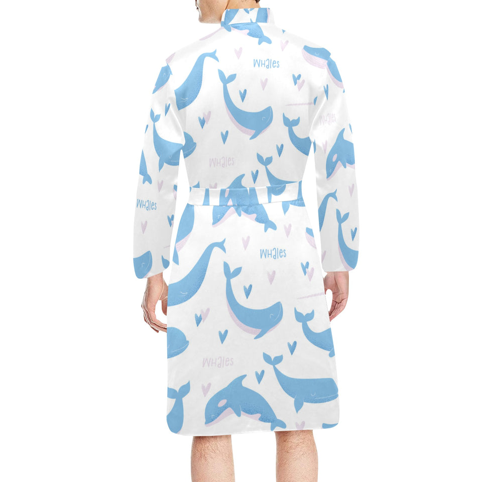 Blue whale pattern Men's Long Sleeve Belted Night Robe
