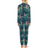 heliconia flowers, palm and monstera leaves on bla Women's All Over Print Pajama Set