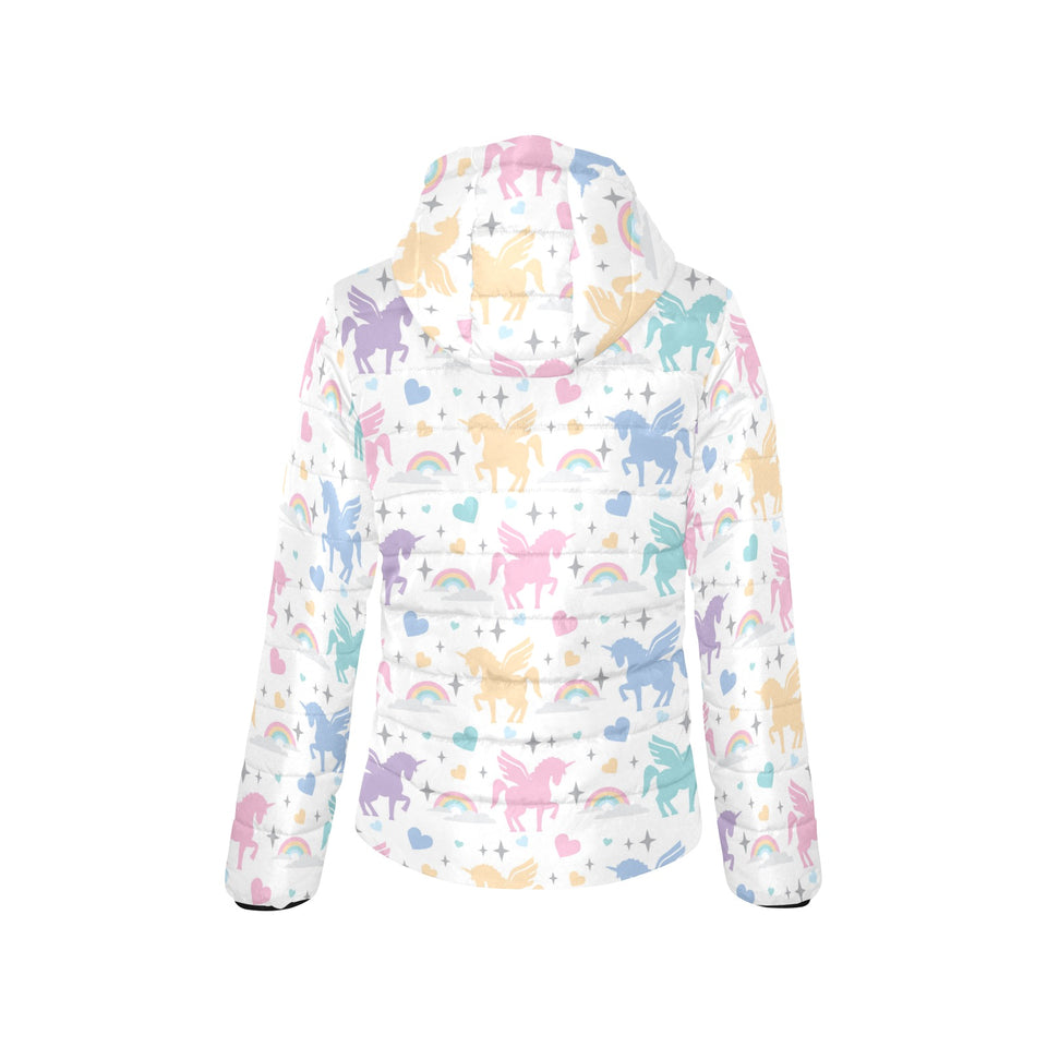 colorful unicorn rainbow heart pattern Women's Padded Hooded Jacket