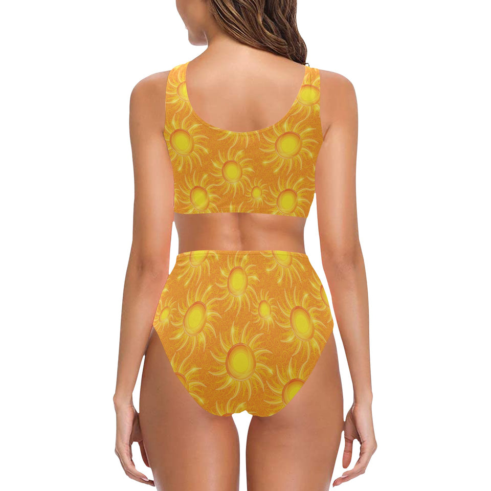 Sun orange background Chest Bowknot High Waisted Bikini Swimsuit