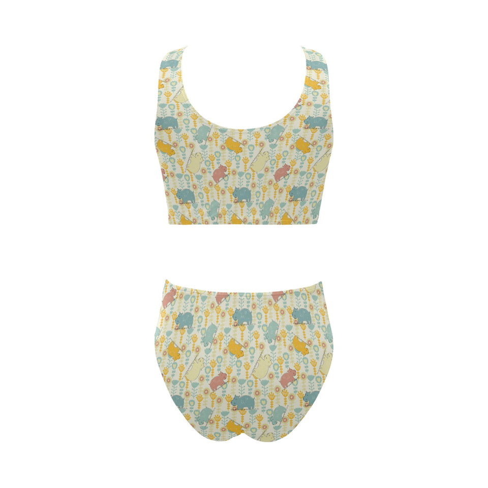 Hippopotamus Pattern Print Design 04 Chest Bowknot High Waisted Bikini Swimsuit
