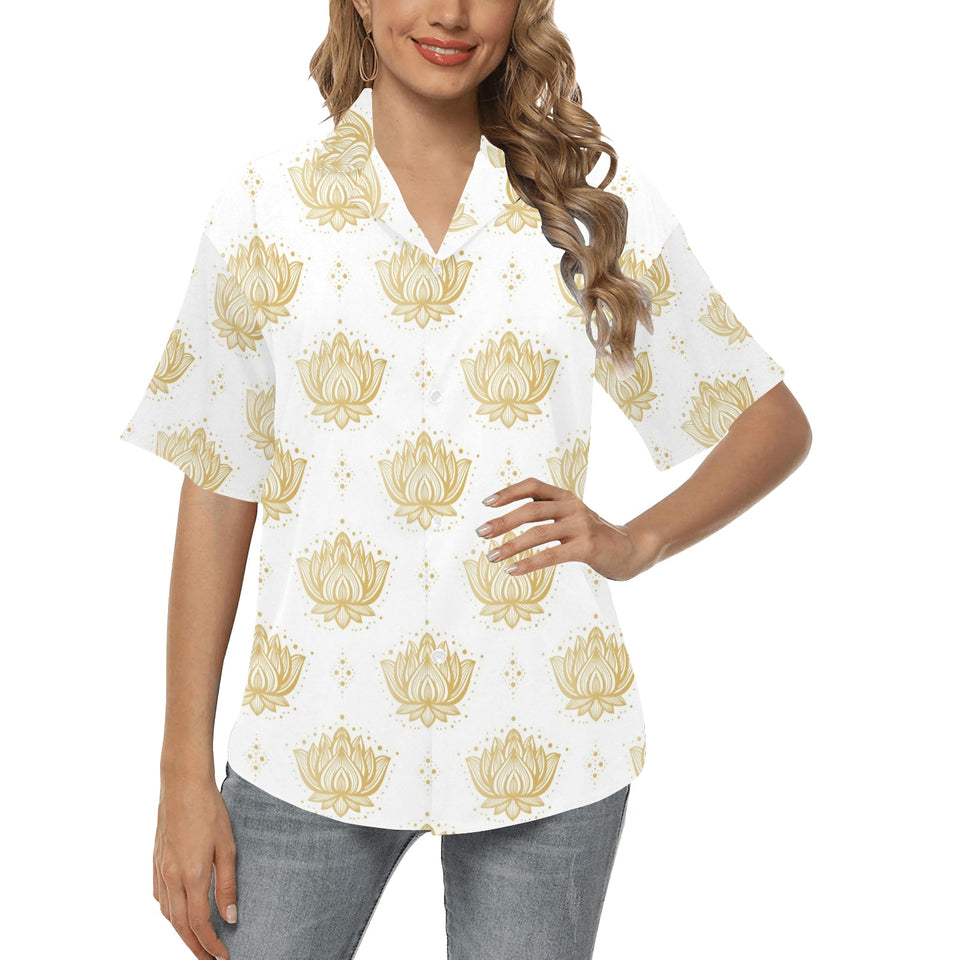 Gold Ornamental lotue waterlily symbol pattern Women's All Over Print Hawaiian Shirt