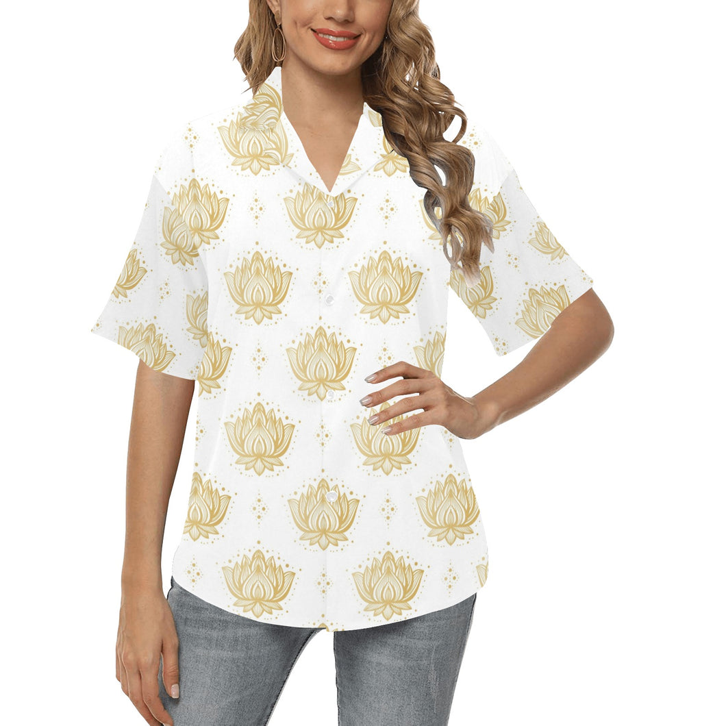 Gold Ornamental lotue waterlily symbol pattern Women's All Over Print Hawaiian Shirt