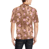 Pink sakura cherry blossom drak brown background Men's All Over Print Polo Shirt