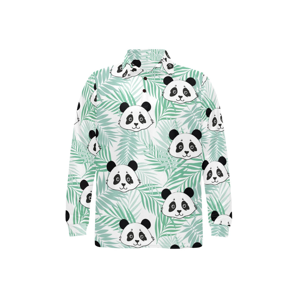 Panda pattern tropical leaves background Men's Long Sleeve Polo Shirt
