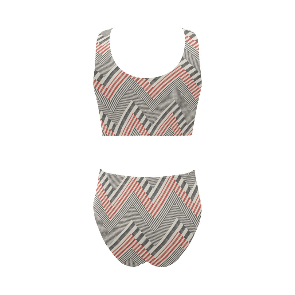 zigzag chevron striped pattern Chest Bowknot High Waisted Bikini Swimsuit
