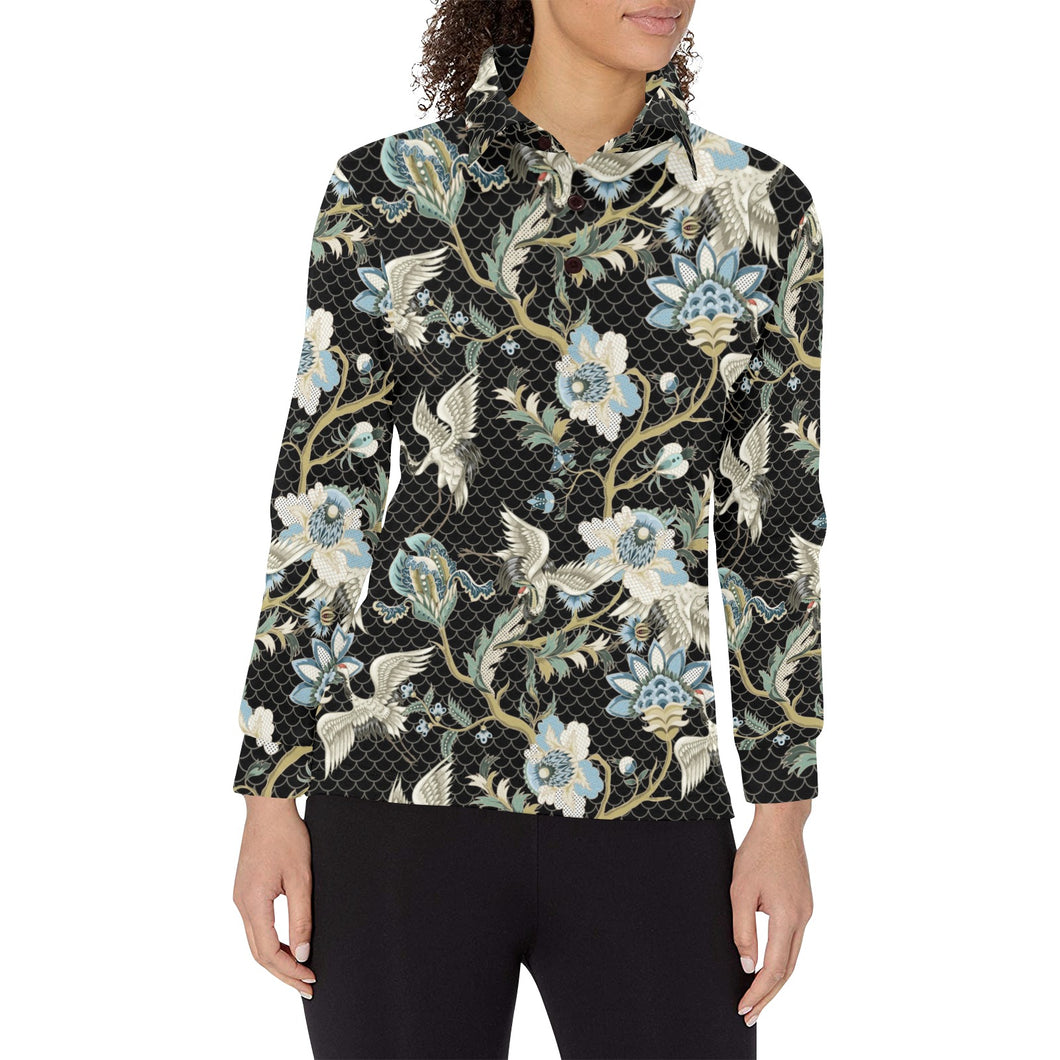 Japanese crane ornament elements Women's Long Sleeve Polo Shirt