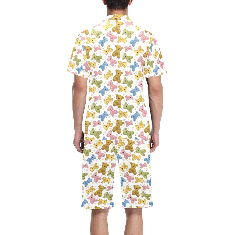 Teddy Bear Pattern Print Design 01 Men's V-Neck Short Pajama Set