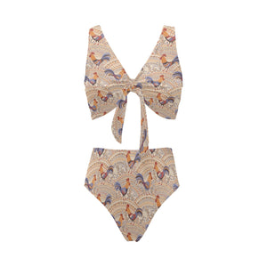 Cute rooster chicken cock floral ornament backgrou Chest Bowknot High Waisted Bikini Swimsuit