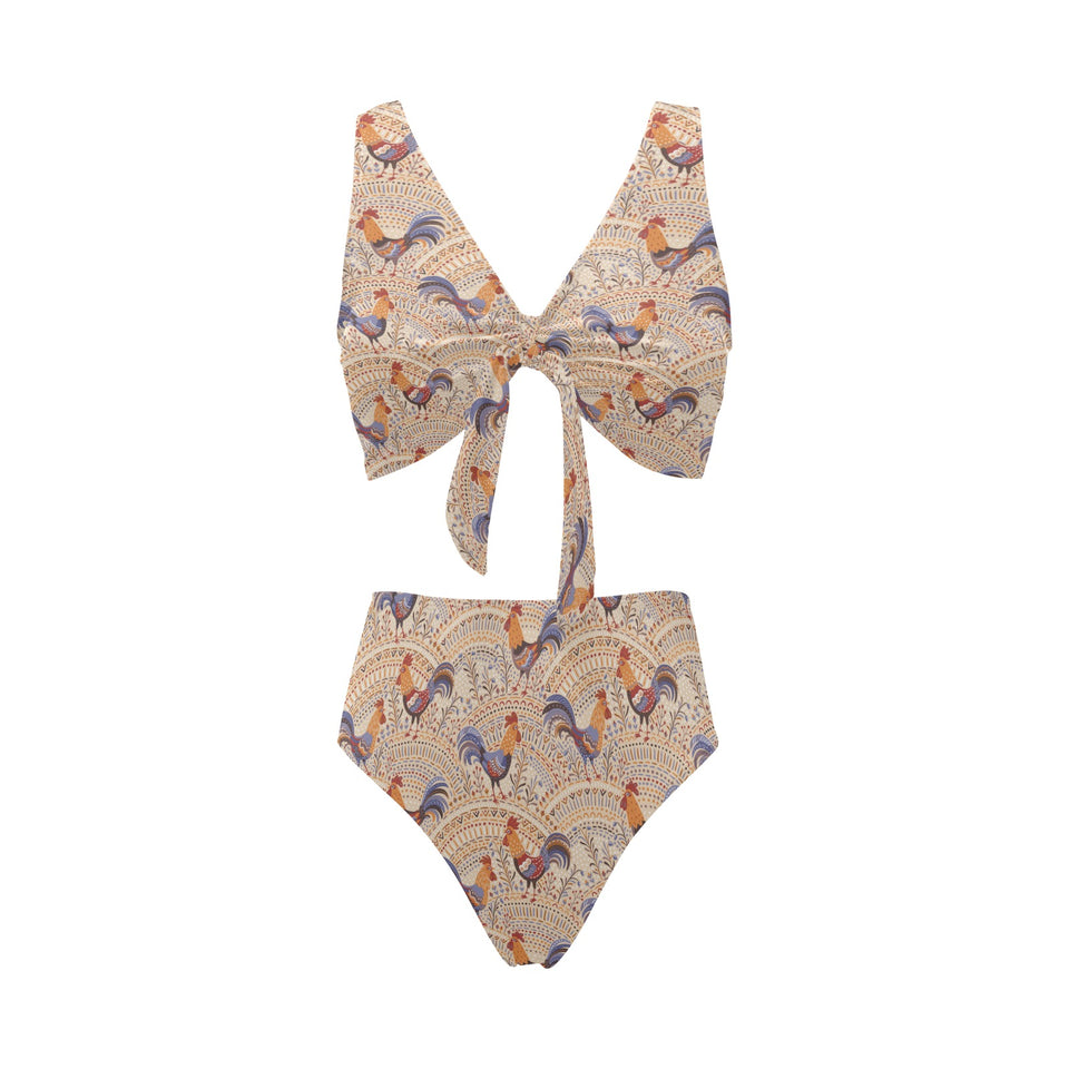 Cute rooster chicken cock floral ornament backgrou Chest Bowknot High Waisted Bikini Swimsuit