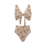 Cute rooster chicken cock floral ornament backgrou Chest Bowknot High Waisted Bikini Swimsuit