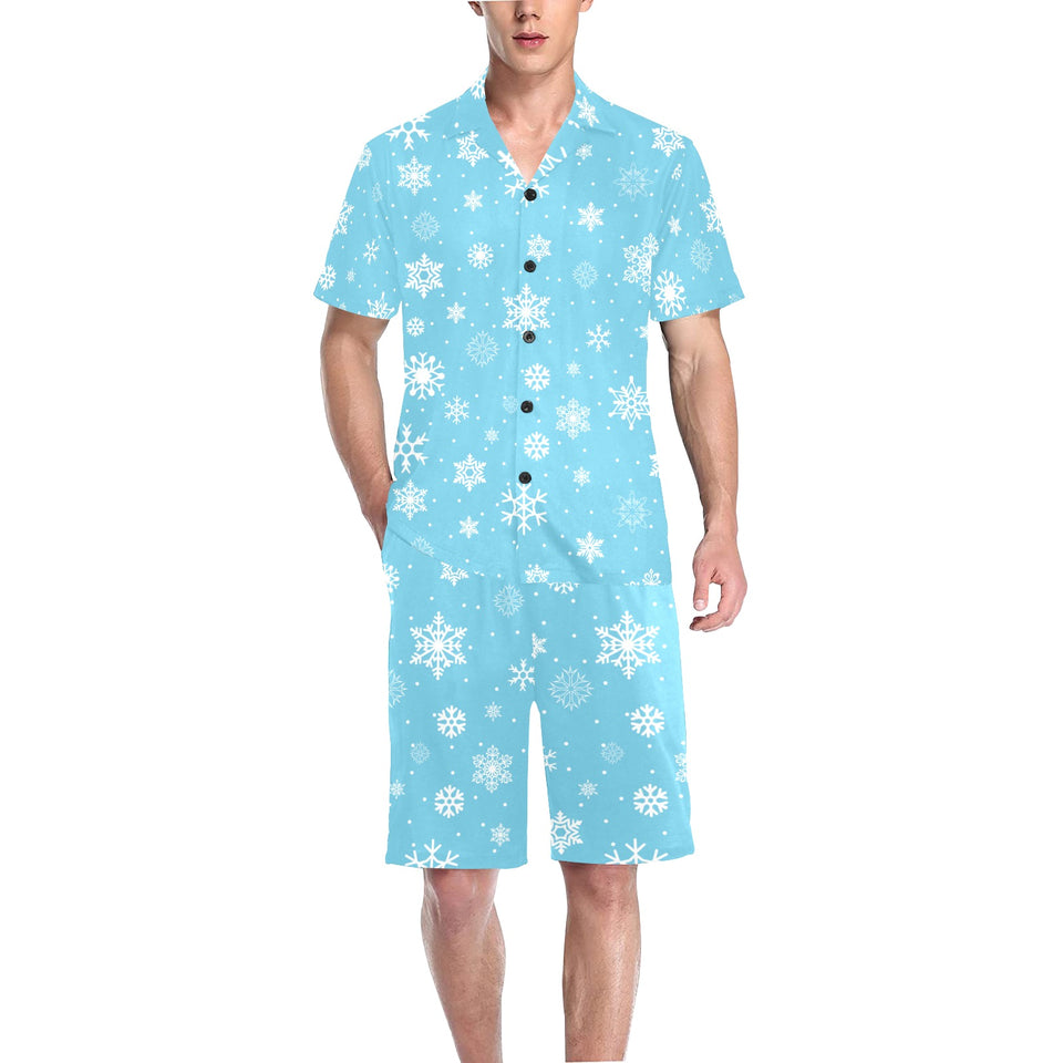 Snowflake pattern blue background Men's V-Neck Short Pajama Set